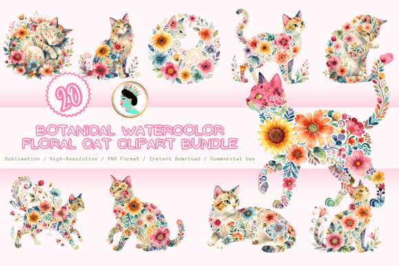 Download Botanical Floral Cat Clipart Bundle PNG - Floral cat clipart Collection